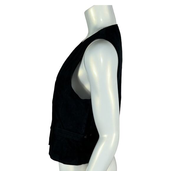 Marsh Landing Black Leather Vest Ribbed Cotton Back Button Front Size M Y2K 90s - Picture 3 of 10